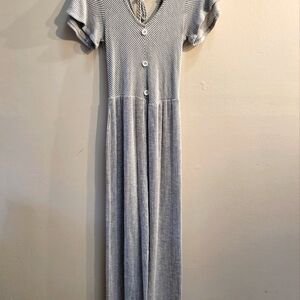 Striped Blue & White Jumpsuit With 3 Front Button And Pockets. Medium